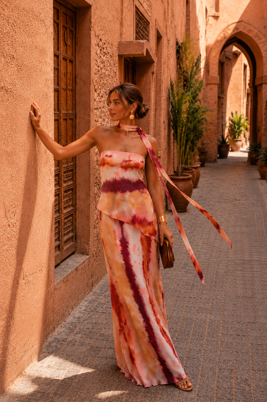 Robe longue tie-dye rose/orange et mauve, dos partiellement couvert, rubans sur l’épaule.