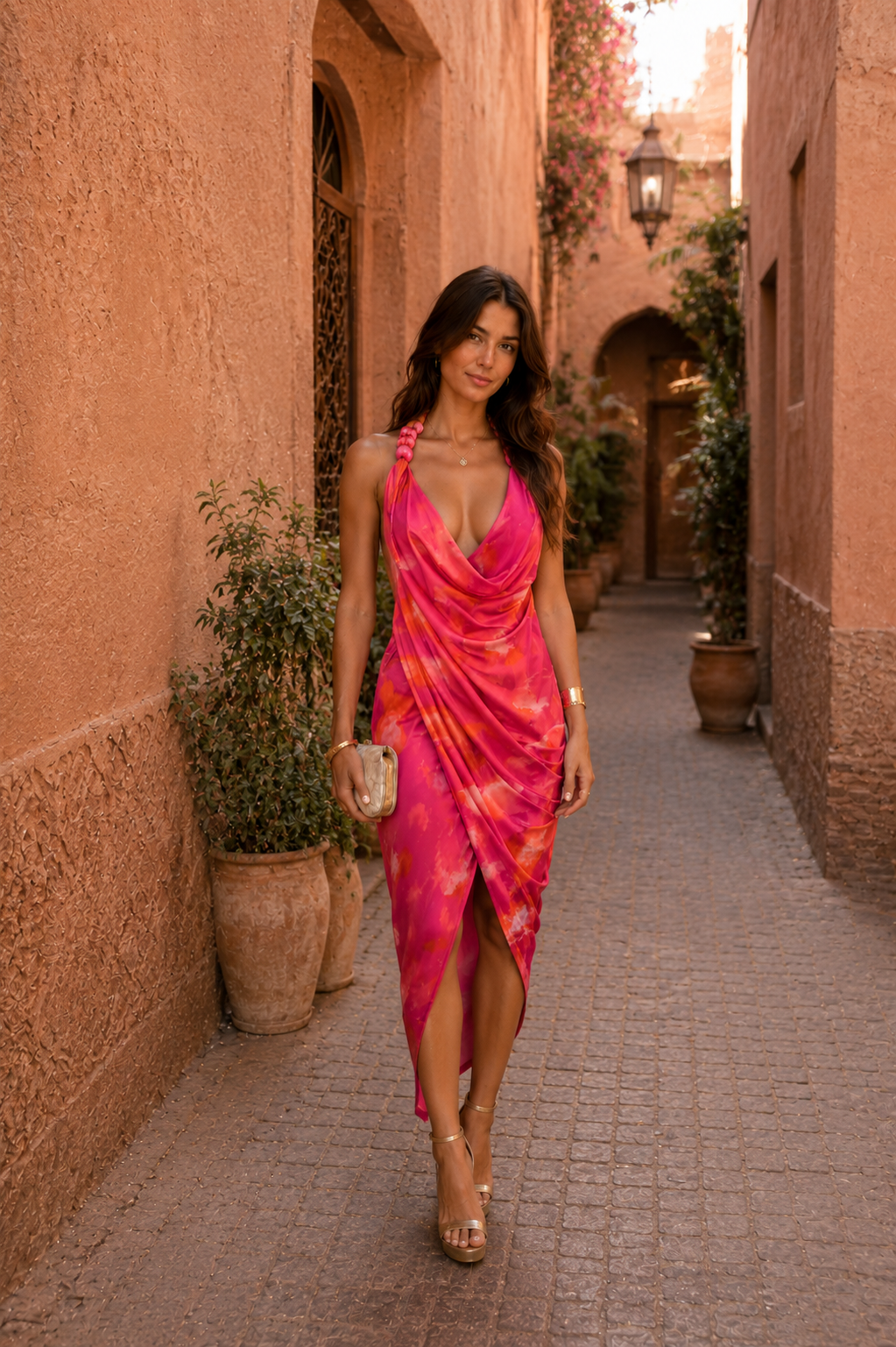 Robe drapée fuchsia à fines bretelles, décolleté cache-cœur, buste froncé et fente avant.