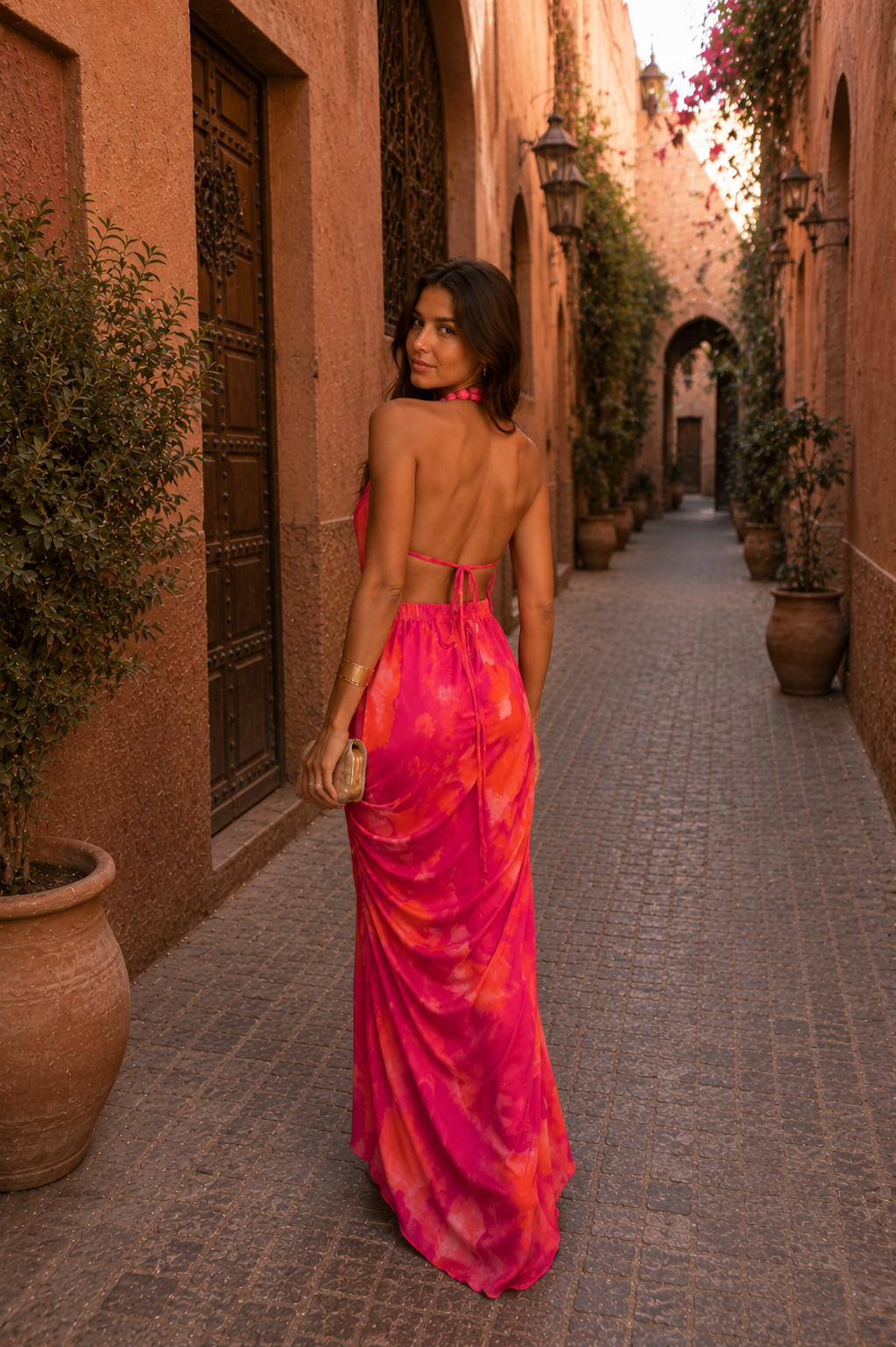 Robe longue fuchsia à fines bretelles, dos nu à lanières, tissu satiné et fronces à la taille.
