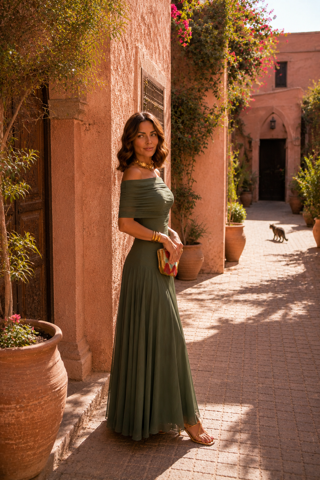Robe longue vert olive bardot, silhouette ajustée puis évasée, finition plissée, sans poche visible.