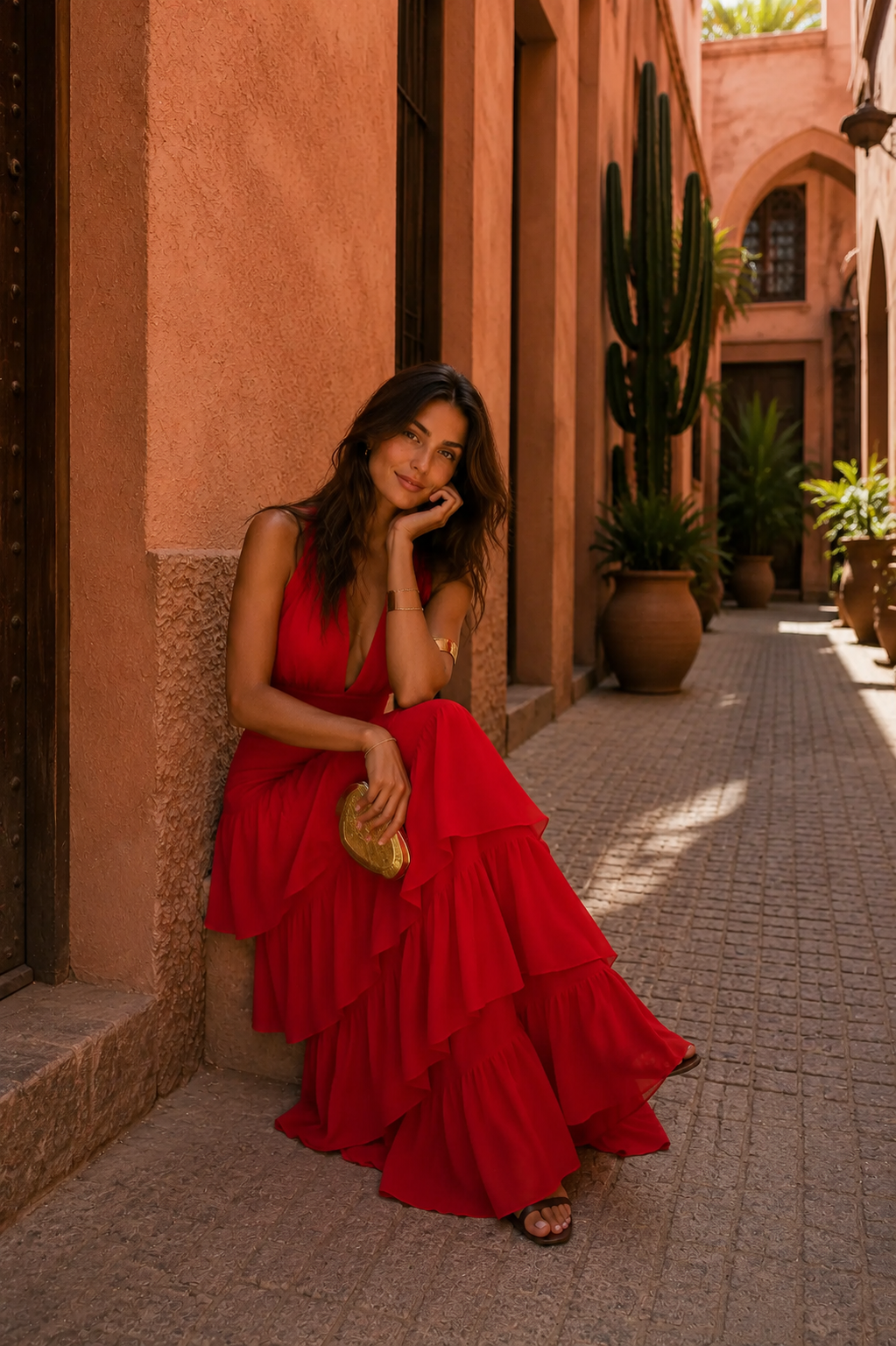 Robe Manille rouge à volants étagés, bretelles fines, encolure en V