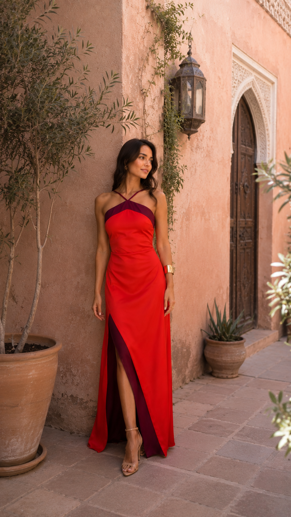Robe longue rouge à bretelles fines, buste bordeaux et fente sur la jambe.