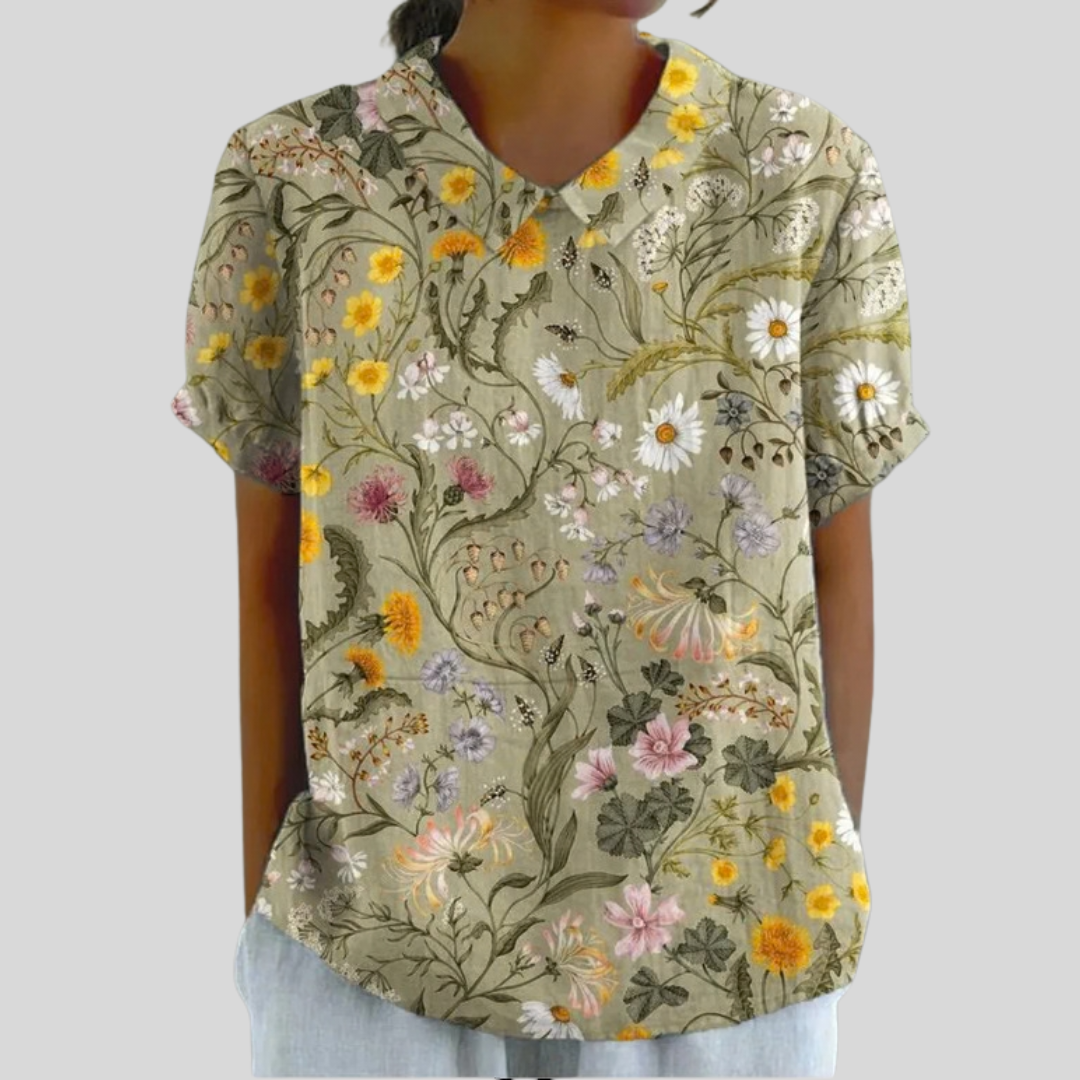 Blouse manches courtes encolure V, imprimé floral champêtre multicolore.