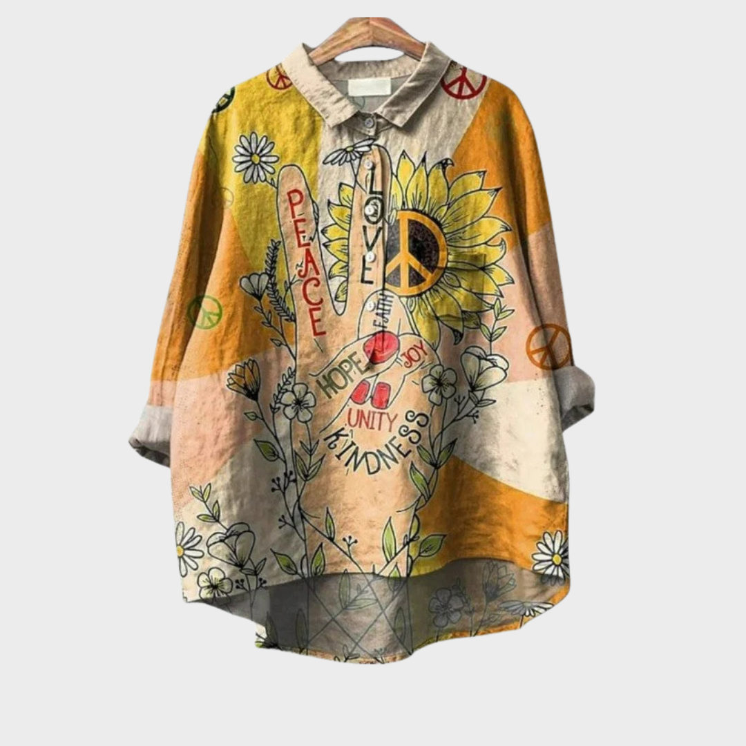 Blouse bohème à col, manches longues amples, imprimé floral et formes artistiques jaune ocre