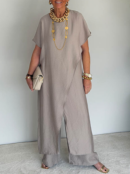 Tenue ample asymétrique sable, robe longue à fente centrale et pantalon