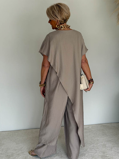Tenue ample asymétrique sable, robe longue manches courtes à découpe et pantalon