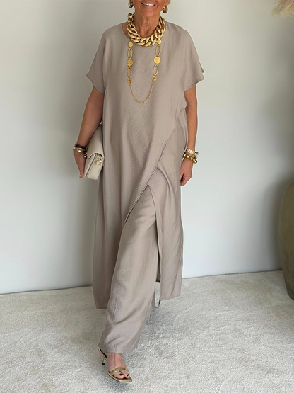 Tenue ample asymétrique sable, robe longue fendue devant et pantalon ample