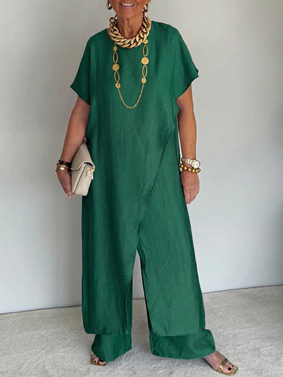 Tenue ample asymétrique émeraude, robe longue manches courtes et pantalon ample