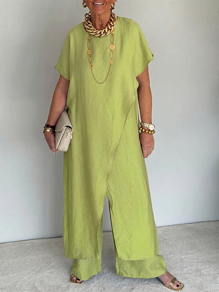 Tenue ample asymétrique vert clair, robe longue fendue devant et pantalon ample