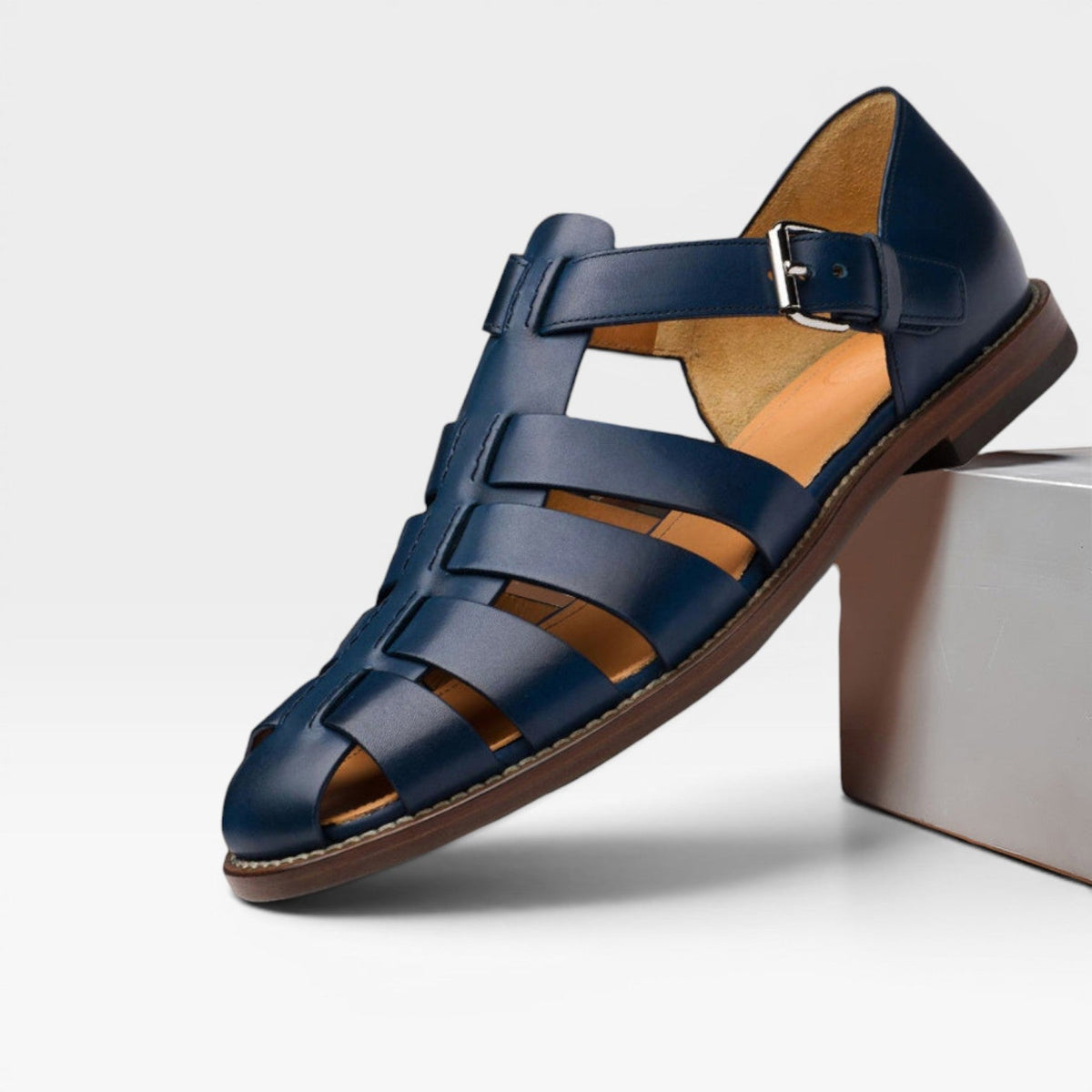 Sandales pour homme en cuir bleu, bout fermé, brides à boucle et semelle marron