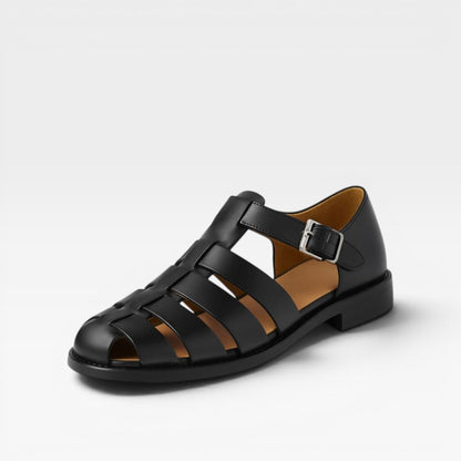 Sandales en cuir noir à bout fermé, brides ajustables et boucle métallique