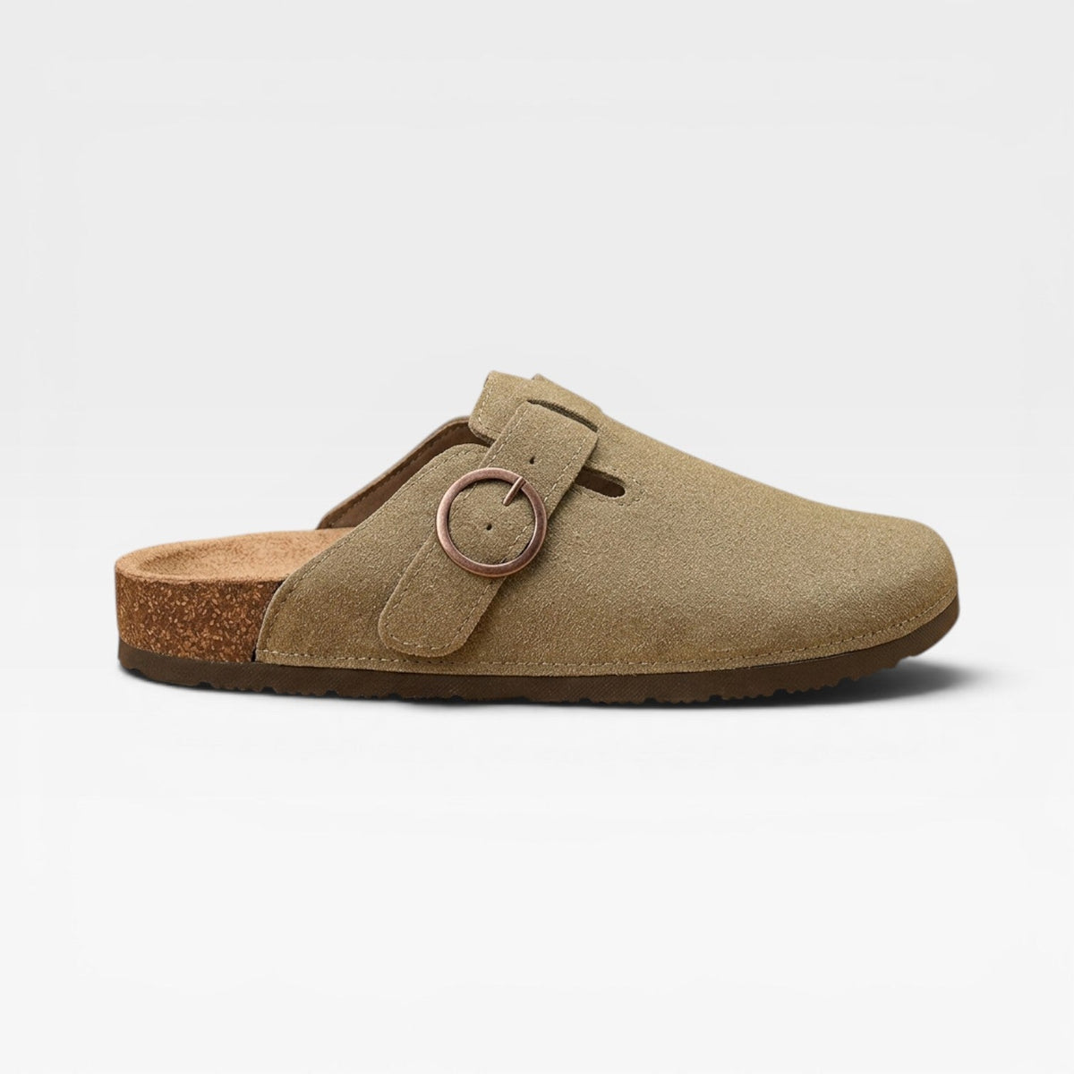 Sabot en liège kaki à bout fermé, semelle en liège, boucle ronde sur le dessus