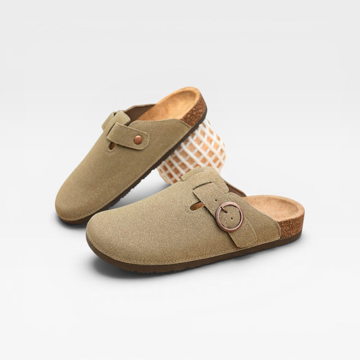 Sabots en liège kaki pour homme, mules à enfiler à bout fermé avec boucle ronde