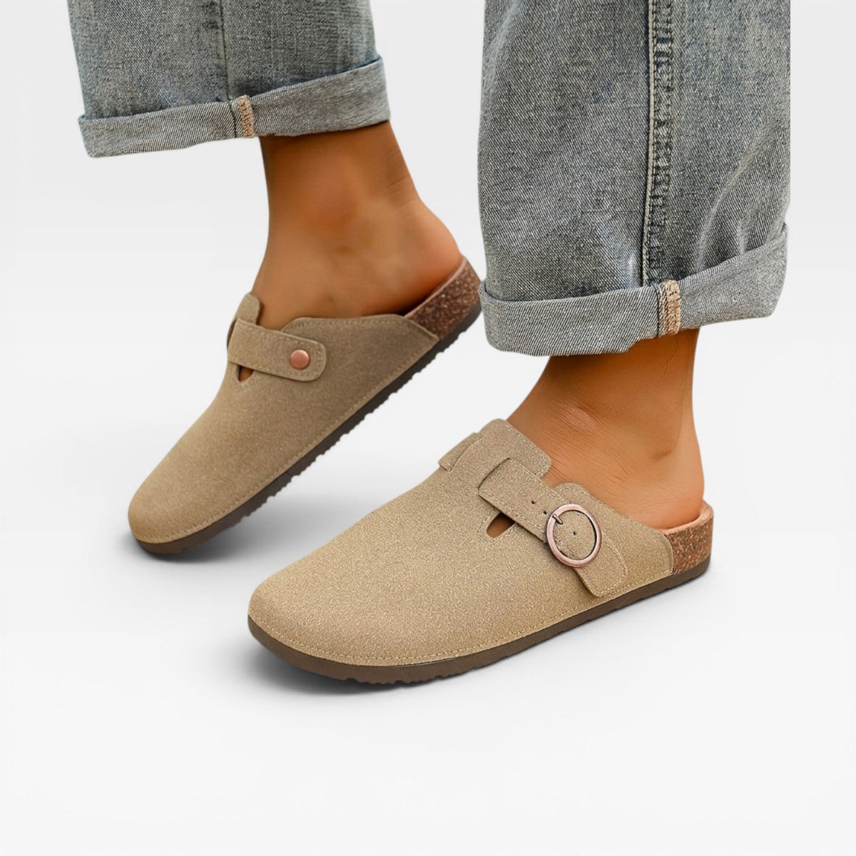 Sabots en liège kaki à bout fermé, boucle ronde avec bride réglable
