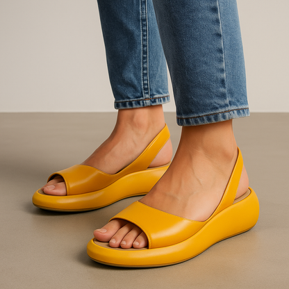 Sandales orthopédiques rembourrées jaune, bride large, bout ouvert