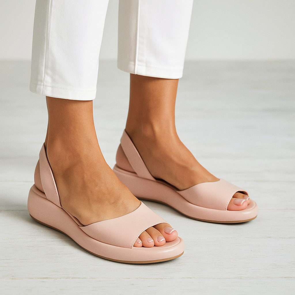 Sandales orthopédiques rembourrées rose poudré, bride large, bout ouvert