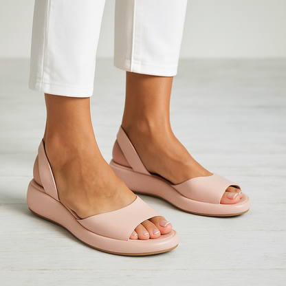 Sandales orthopédiques rembourrées rose poudré, bride large, bout ouvert