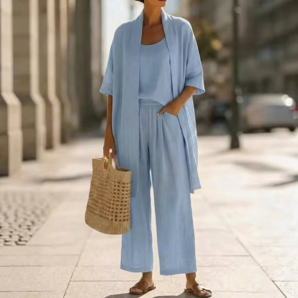 Ensemble trois pièces bleu clair : tunique ouverte et pantalon ample.