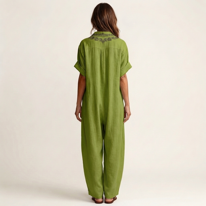 Amarina | Robe maxi en lin avec col en V brodé