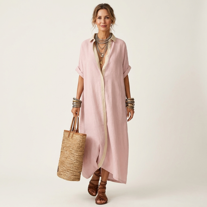 Kamira | Robe Maxi à Manches Courtes avec Col Contrasté et Boutons Frontal