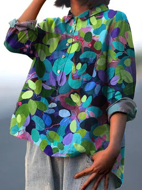Chemise femme multicolore à motifs feuillages, col chemise et manches longues
