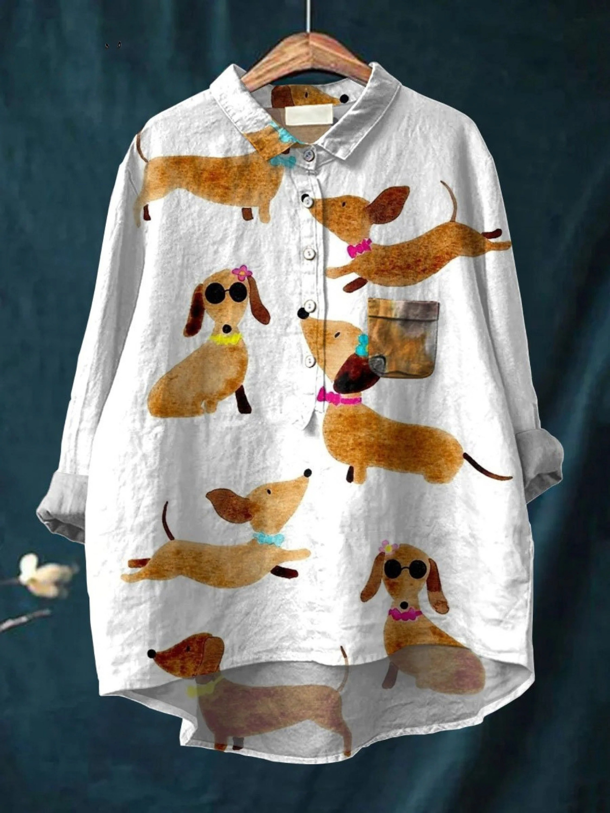 T-shirt blanc à motif de teckels mignons multicolores, manches longues, col boutonné
