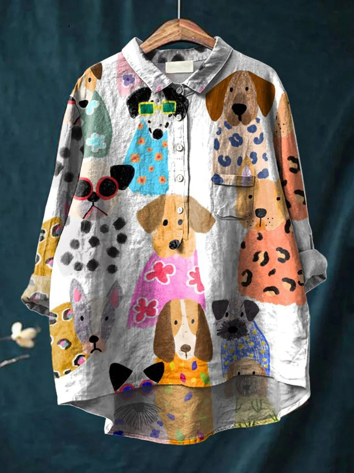 Chemise manches longues multicolore à motifs chiots dessin animé, col et boutons