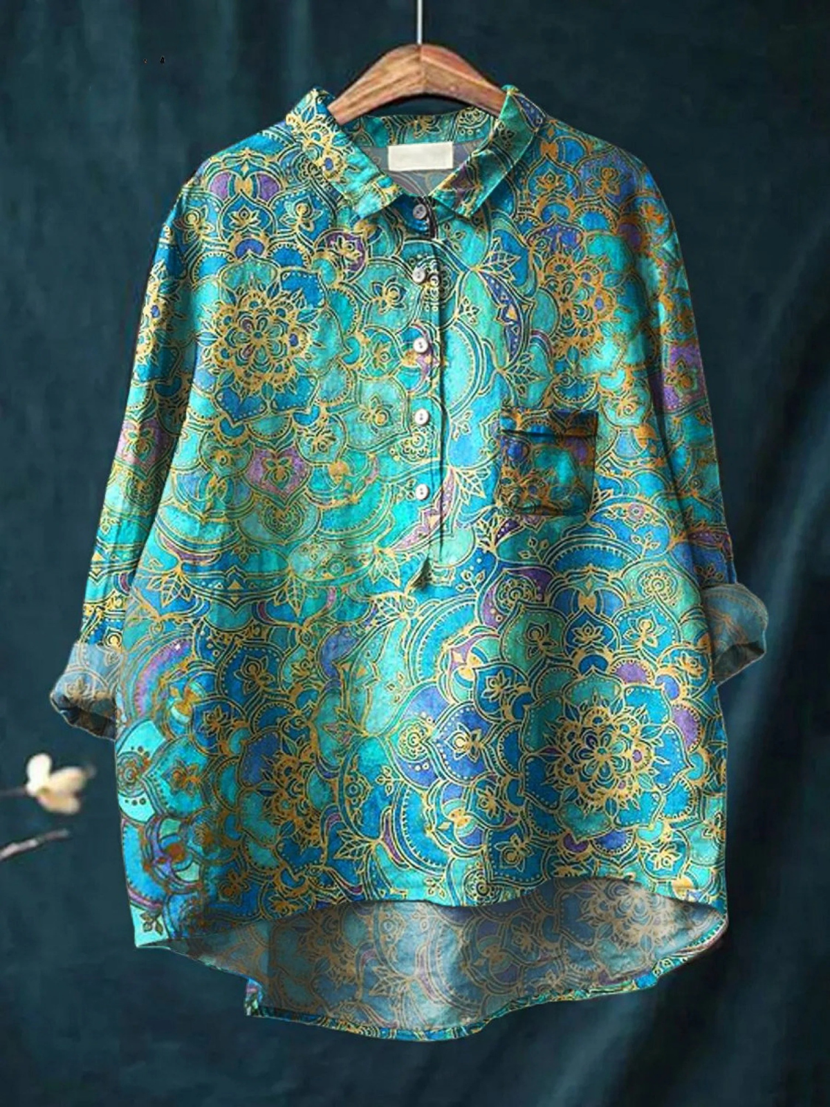 Chemise rétro Roslyn manches longues, col boutonné, motif cachemire bleu-vert multicolore