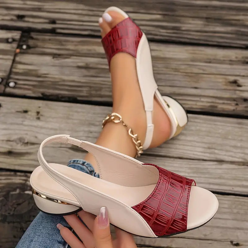 Sandales orthopédiques rouge bordeaux effet croco, semelle blanche, talon bloc.