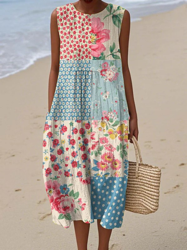Robe midi patchwork sans manches multicolore, encolure ronde, motifs fleuris et géométriques