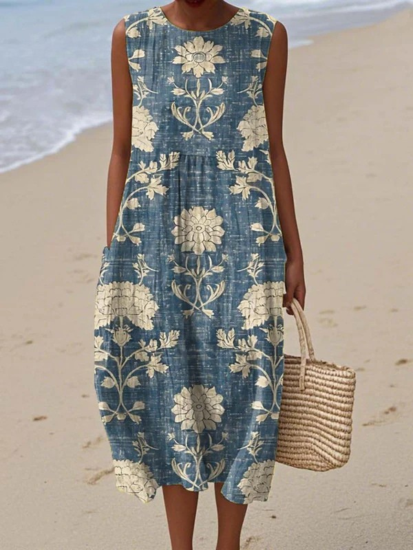Robe midi bohème imprimée fleurs bleu nuit et beige, taille froncée, sans manches
