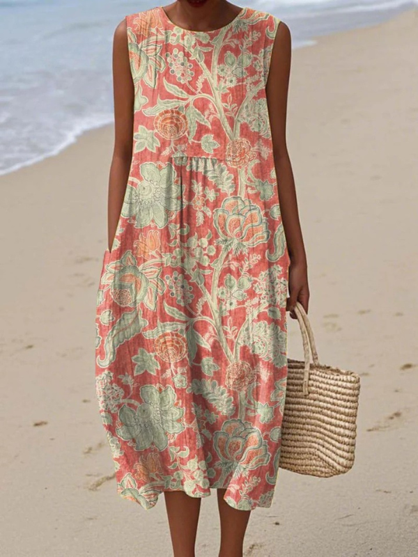 Robe midi ample sans manches à motif floral multicolore, encolure ronde