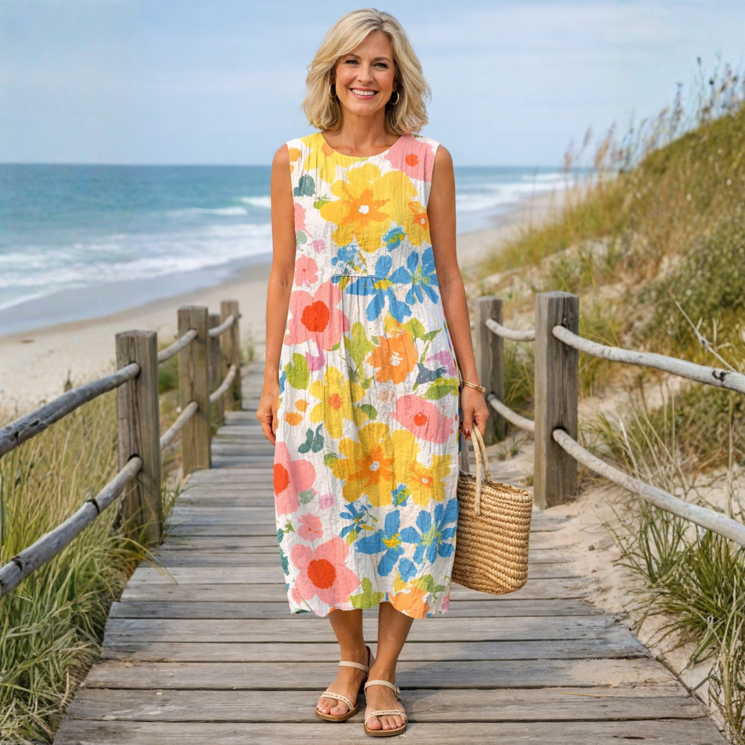 Robe midi fleurie pastel sans manches, col rond, coupe ample, motif multicolore.