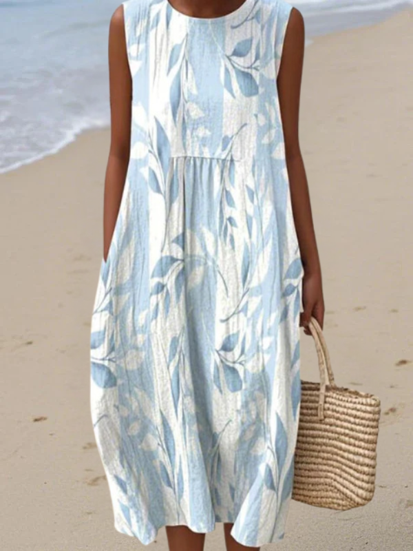 Robe midi sans manches à volants, imprimé bleu clair