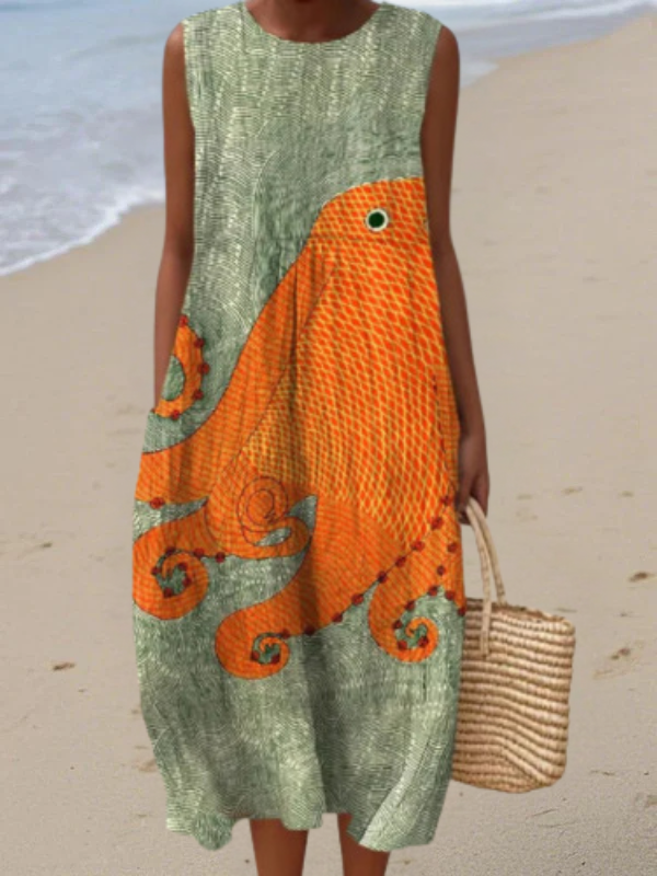 Robe midi sans manches vert et orange, motif floral, coupe ample