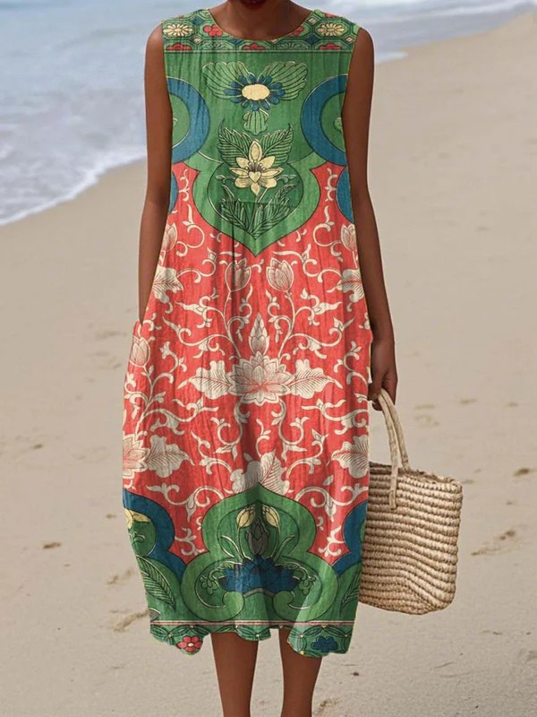 Robe midi bohème sans manches à motif floral rouge vert bleu, encolure ronde