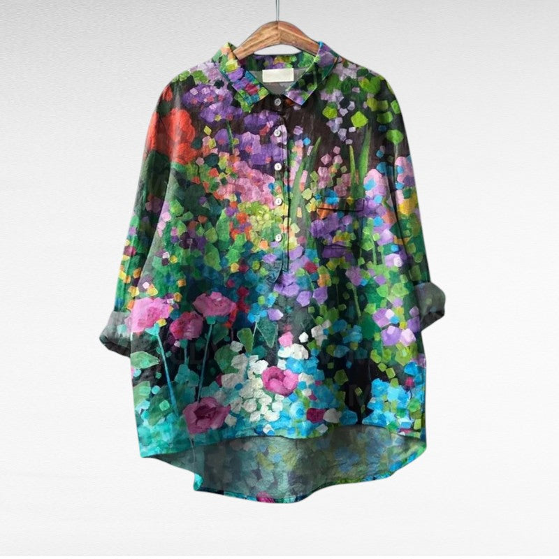 Blouse d’été en lin à motifs abstraits multicolores, col chemise boutonné