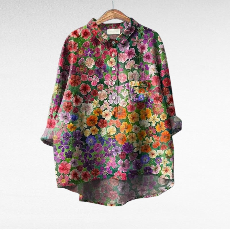 Blouse d’été en lin à motifs floraux multicolores, col chemise boutonné