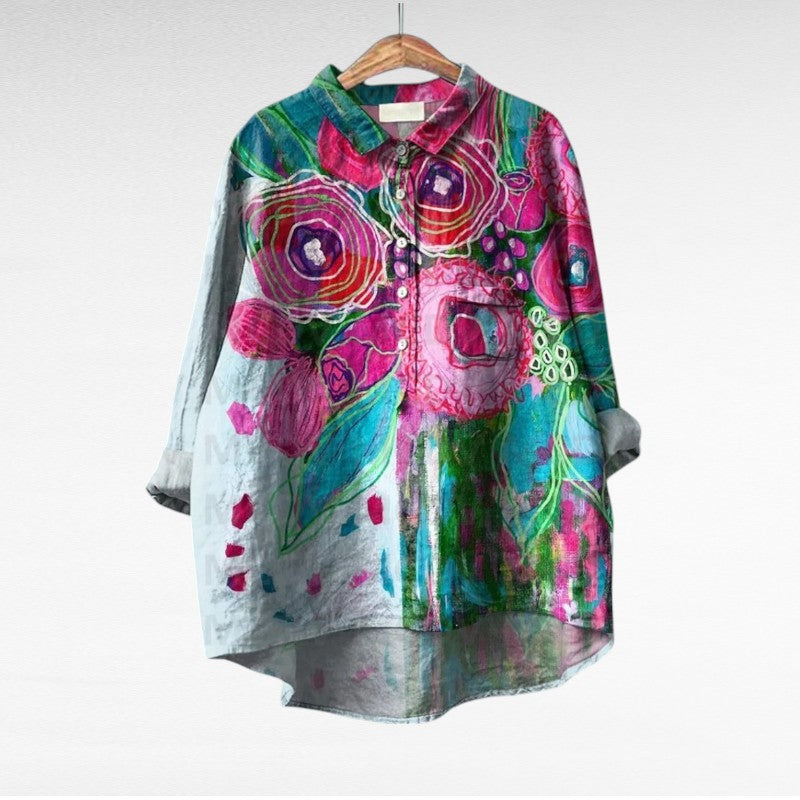 Blouse d’été en lin à motifs graphiques roses et verts, col chemise boutonné