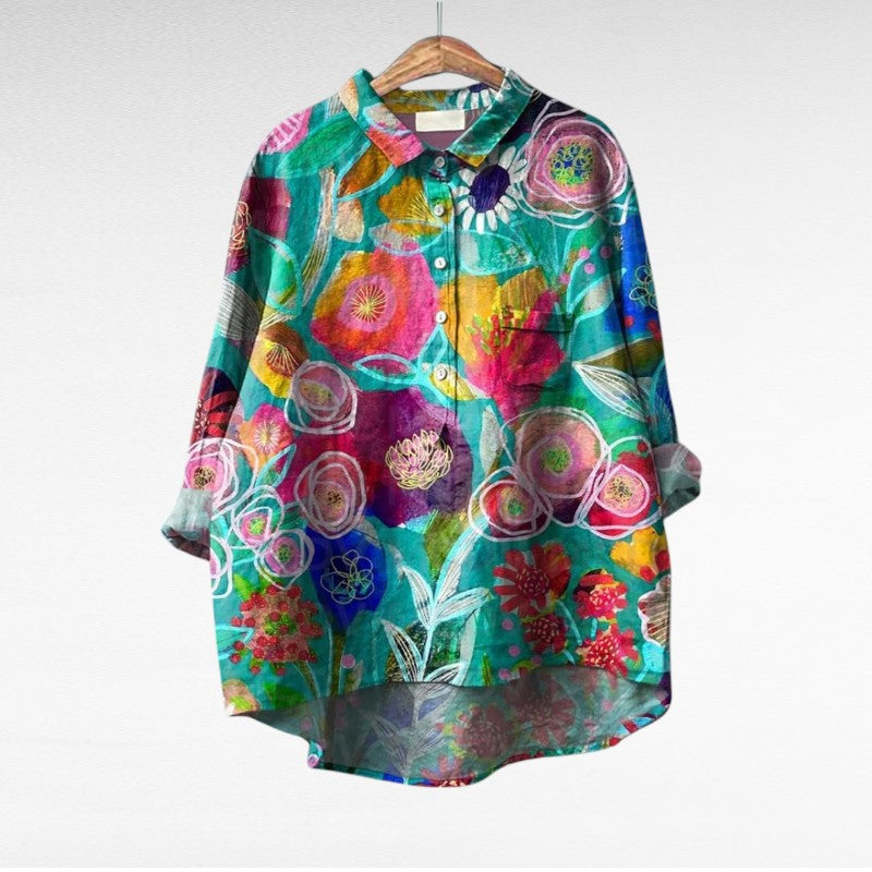 Blouse d’été en lin à motifs floraux colorés, col chemise boutonné