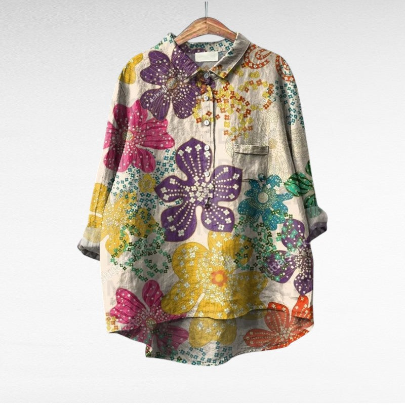 Blouse d’été en lin à motifs floraux violets et jaunes, col chemise boutonné