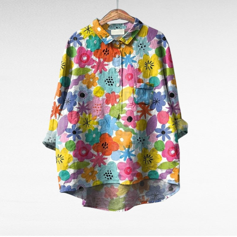 Blouse d’été en lin à motifs colorés, col chemise boutonné