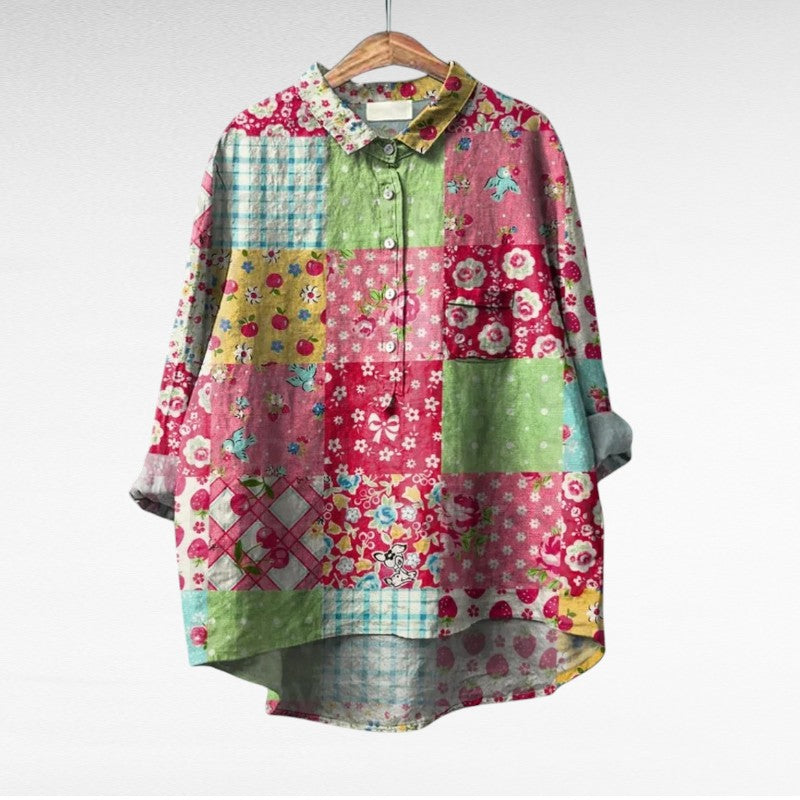 Blouse d’été en lin patchwork floral multicolore, col chemise boutonné