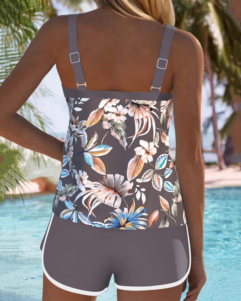 Tankini imprimé sans manches col en U gris foncé, bretelles réglables au dos.