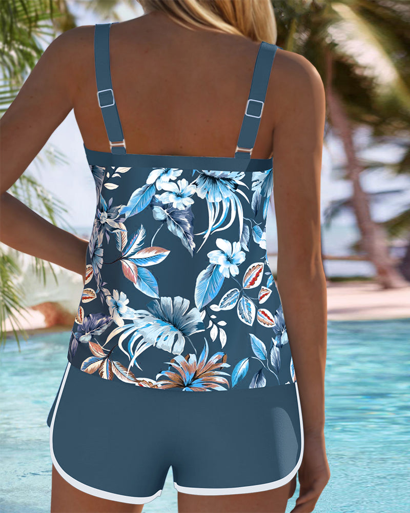Tankini imprimé sans manches col en U bleu royal, bretelles au dos.