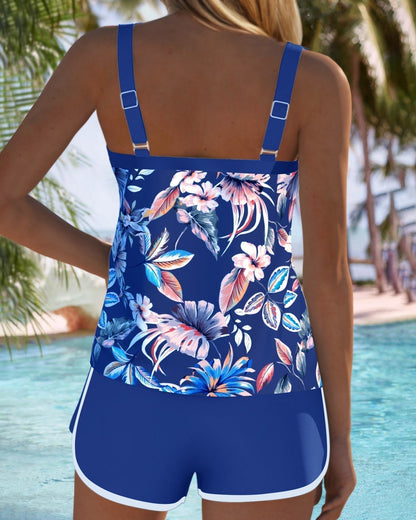 Tankini imprimé sans manches col en U bleu royal, dos nageur à bretelles.