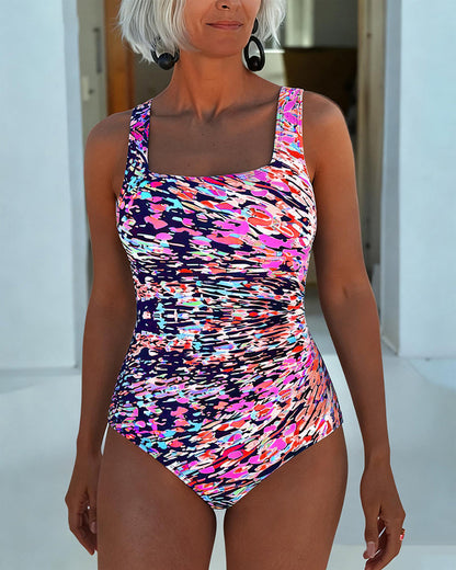 Maillot une pièce imprimé multicolore, bretelles larges, encolure carrée