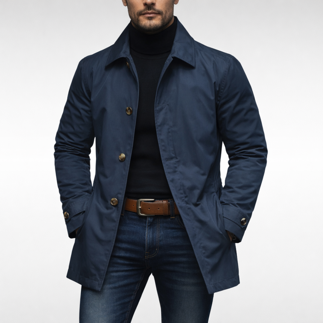 Trench-coat bleu marine pour homme, col monté et boutons sur la patte