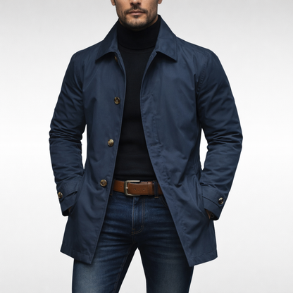 Trench-coat bleu marine pour homme, col monté et boutons sur la patte