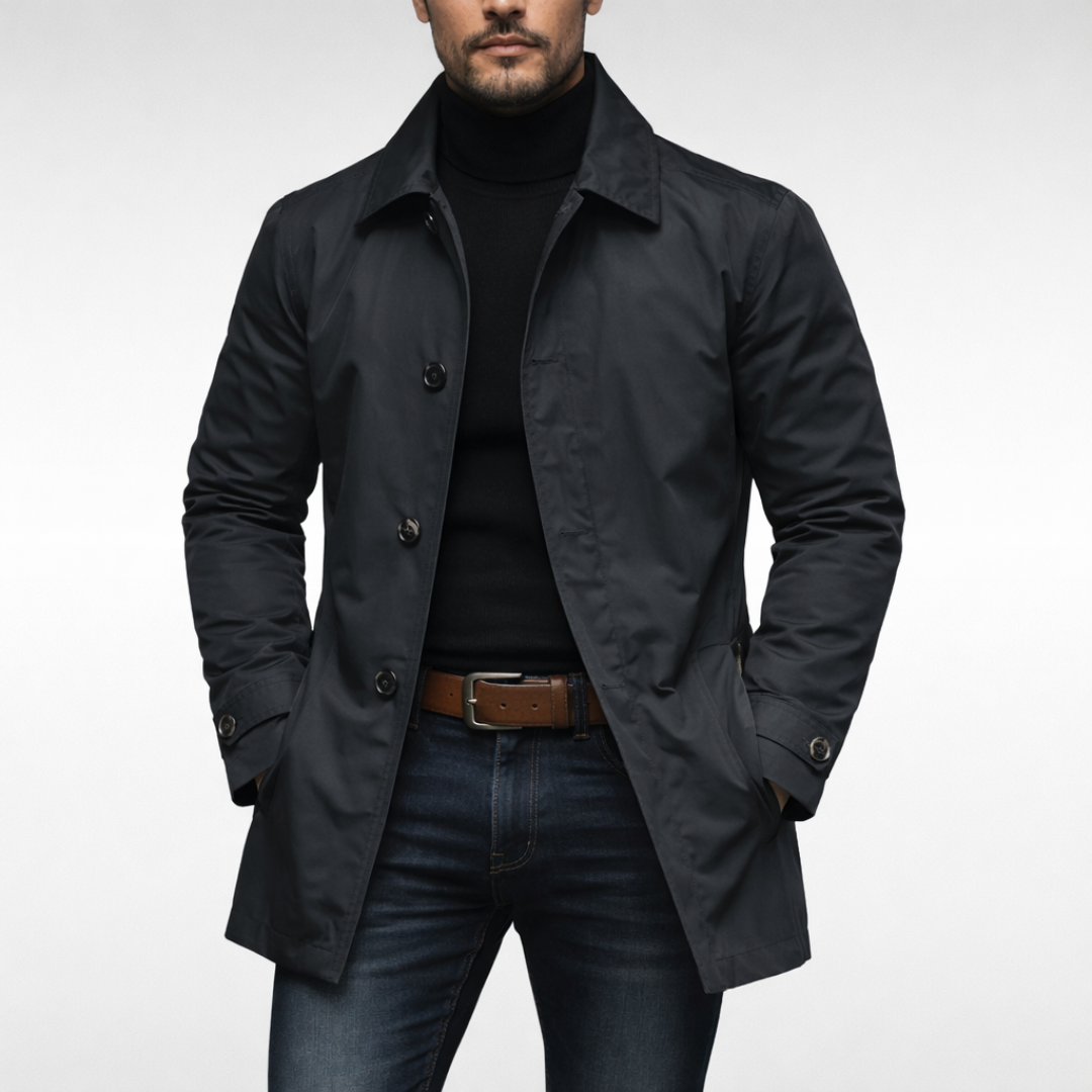 Trench-coat noir pour homme, boutonnage central et col structuré